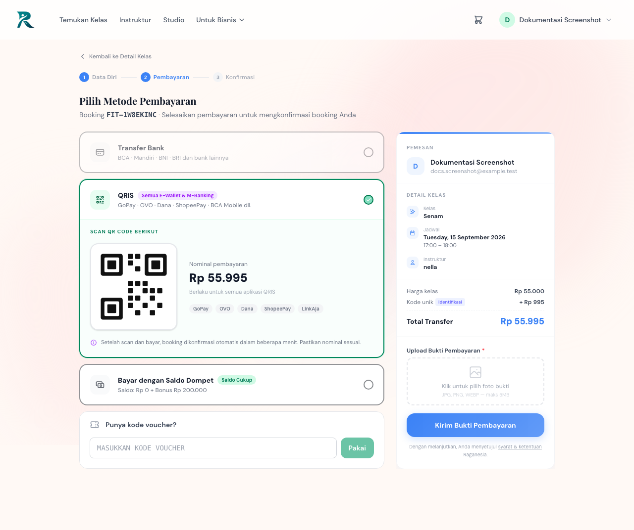 Tangkapan layar halaman Pilih Metode Pembayaran dengan opsi Transfer Bank, QRIS, dan Bayar dengan Saldo Dompet