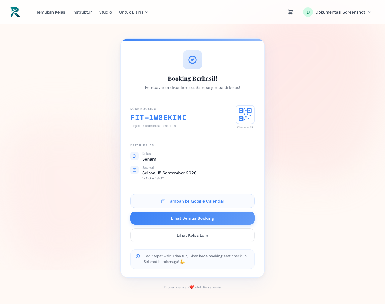 Tangkapan layar halaman Booking Berhasil dengan kode booking dan ikon QR code check-in setelah pembayaran dikonfirmasi